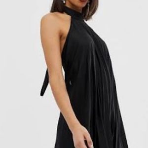 Long black pleaded halter top dress